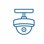 a blue line drawing of a camera